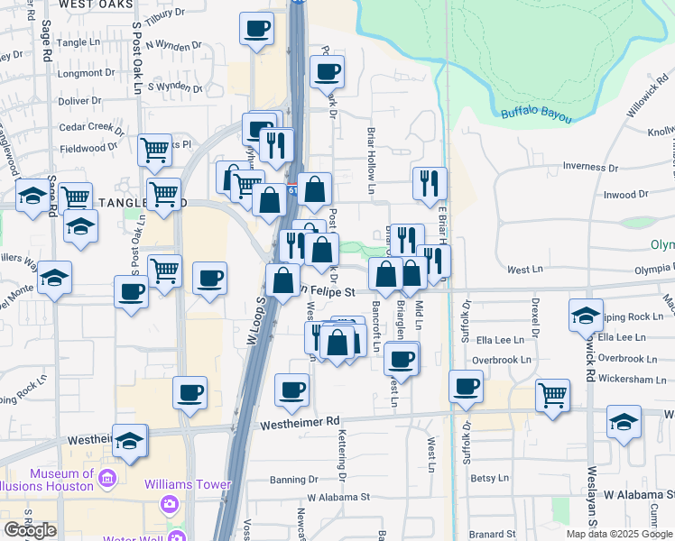 map of restaurants, bars, coffee shops, grocery stores, and more near in Houston