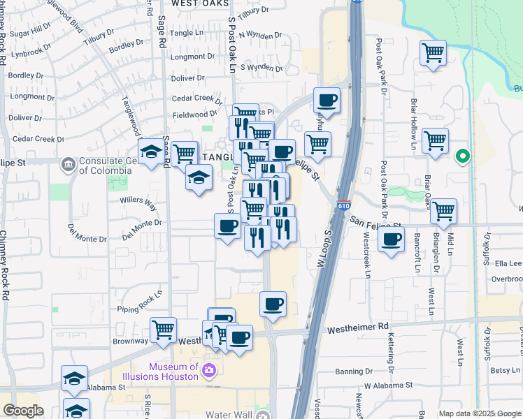 map of restaurants, bars, coffee shops, grocery stores, and more near 1800 Post Oak Boulevard in Houston