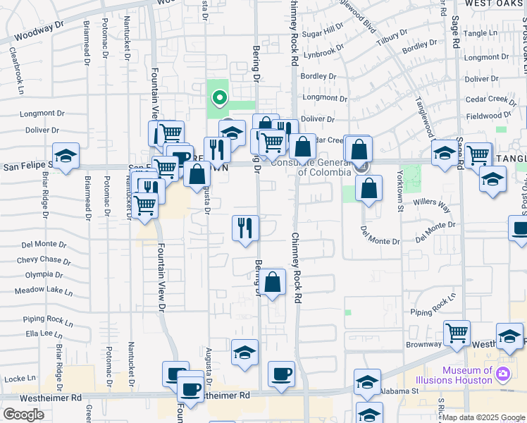 map of restaurants, bars, coffee shops, grocery stores, and more near 5806 Inwood Park Court in Houston