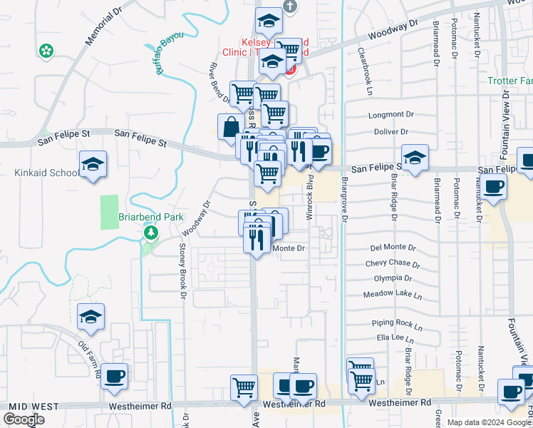 map of restaurants, bars, coffee shops, grocery stores, and more near 1801 South Voss Road in Houston