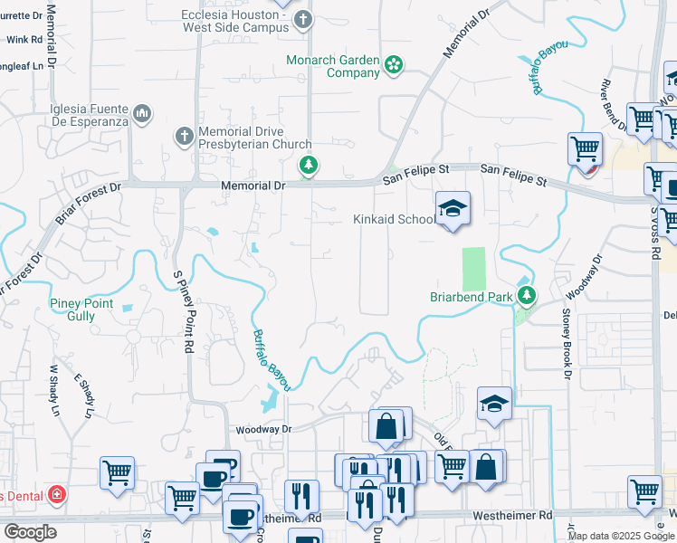map of restaurants, bars, coffee shops, grocery stores, and more near 12 West Stillforest Street in Piney Point Village