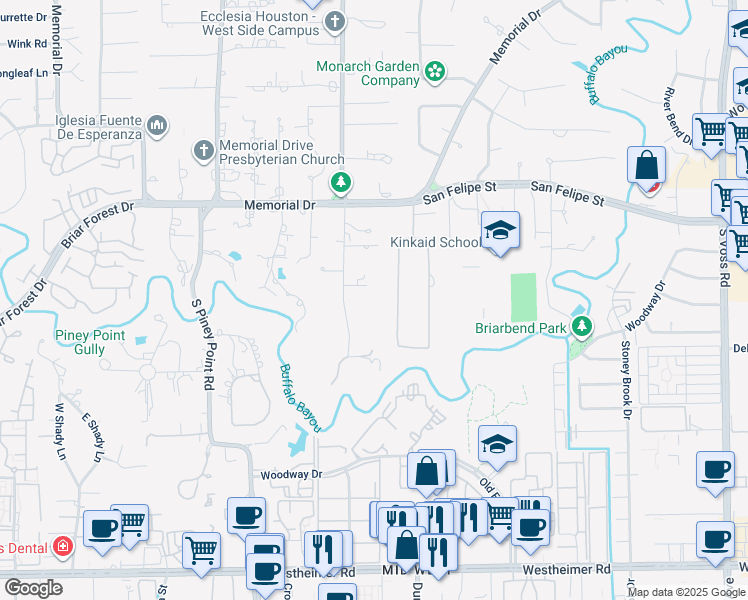 map of restaurants, bars, coffee shops, grocery stores, and more near 12 West Stillforest Street in Piney Point Village