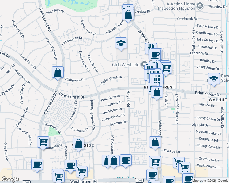 map of restaurants, bars, coffee shops, grocery stores, and more near 11414 Briar Forest Drive in Houston