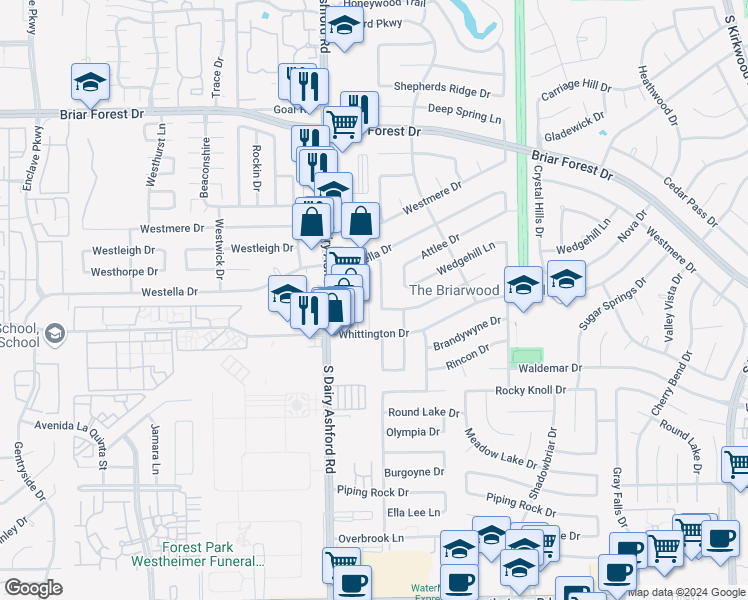 map of restaurants, bars, coffee shops, grocery stores, and more near 1722 Ashford Hollow Lane in Houston