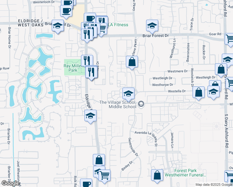 map of restaurants, bars, coffee shops, grocery stores, and more near 13115 Whittington Drive in Houston