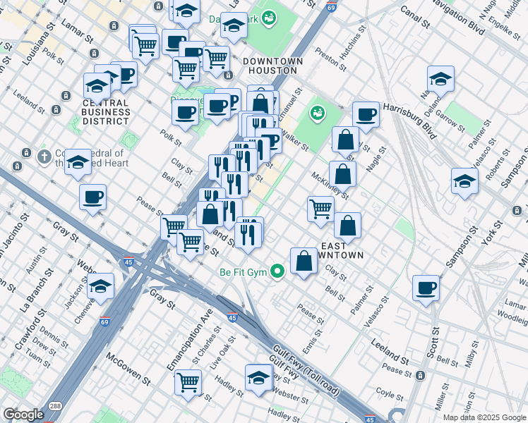 map of restaurants, bars, coffee shops, grocery stores, and more near in Houston