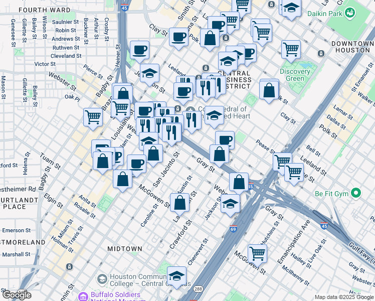 map of restaurants, bars, coffee shops, grocery stores, and more near 2030 Caroline Street in Houston