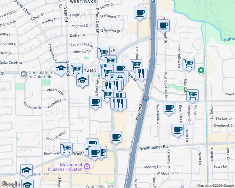 map of restaurants, bars, coffee shops, grocery stores, and more near 1801 Post Oak Boulevard in Houston