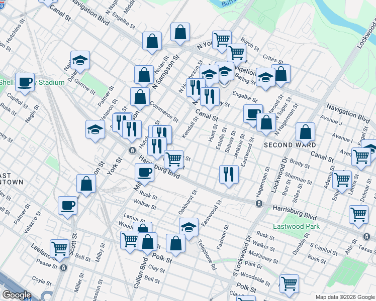 map of restaurants, bars, coffee shops, grocery stores, and more near 206 Drennan Street in Houston
