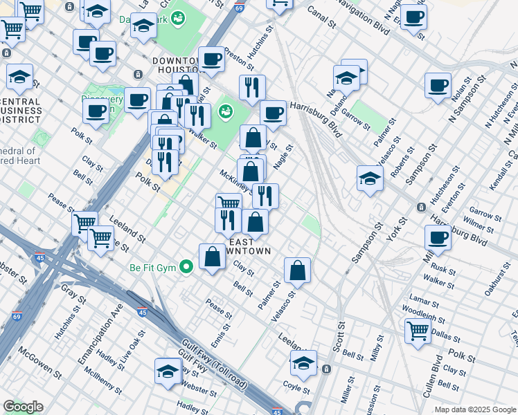 map of restaurants, bars, coffee shops, grocery stores, and more near 2612 McKinney Street in Houston