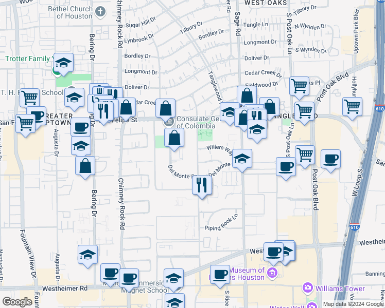 map of restaurants, bars, coffee shops, grocery stores, and more near 1776 Yorktown in Houston
