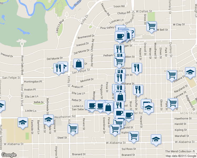 map of restaurants, bars, coffee shops, grocery stores, and more near 2237 Mimosa Dr in Houston
