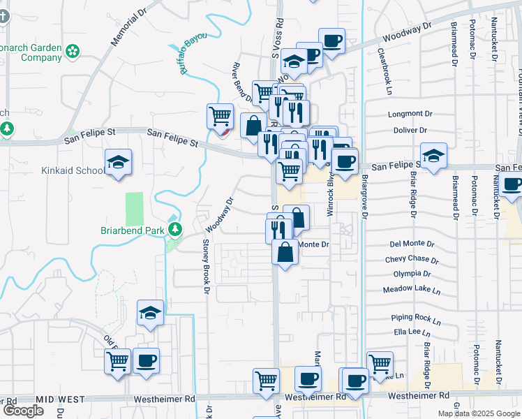map of restaurants, bars, coffee shops, grocery stores, and more near 7509 Middlewood Street in Houston