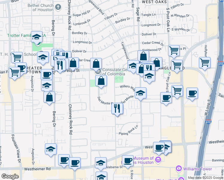 map of restaurants, bars, coffee shops, grocery stores, and more near 1776 Yorktown in Houston