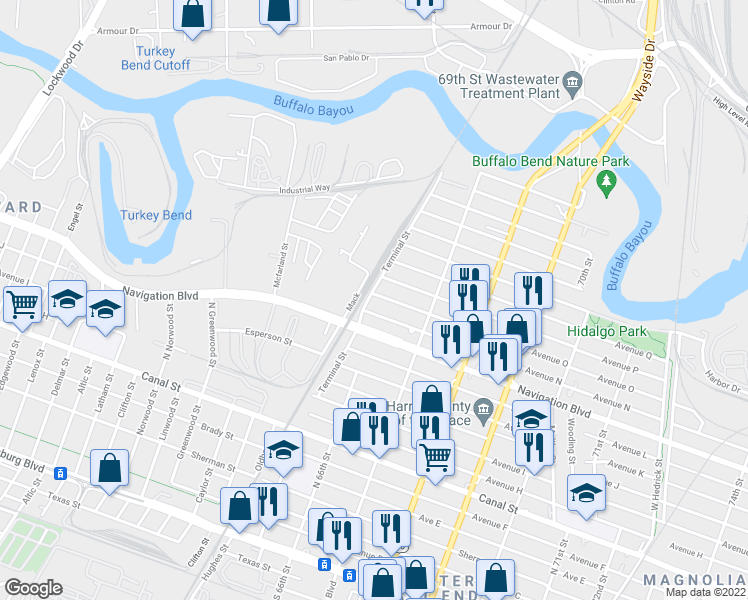 map of restaurants, bars, coffee shops, grocery stores, and more near in Houston