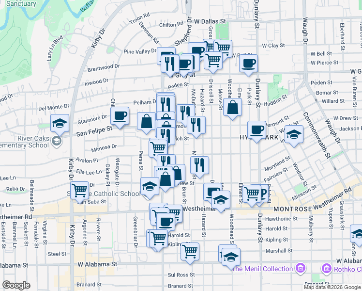 map of restaurants, bars, coffee shops, grocery stores, and more near 2002 Brun Street in Houston