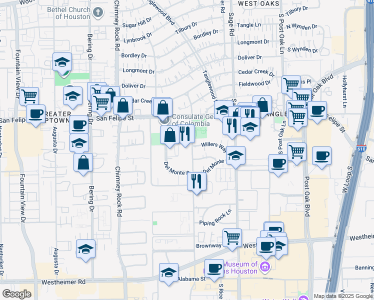 map of restaurants, bars, coffee shops, grocery stores, and more near 1740 Yorktown in Houston