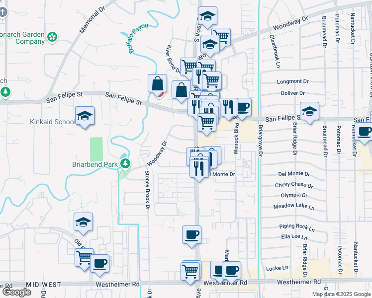 map of restaurants, bars, coffee shops, grocery stores, and more near 7509 Middlewood Street in Houston
