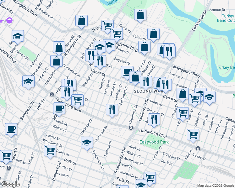 map of restaurants, bars, coffee shops, grocery stores, and more near Jenkins St in Houston