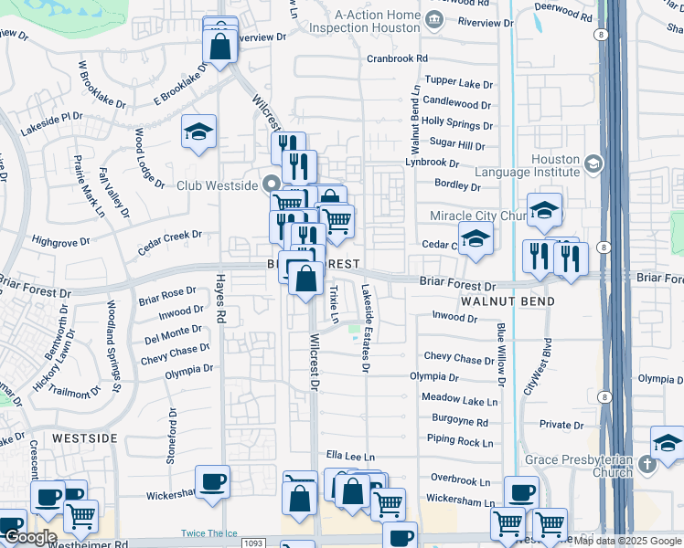 map of restaurants, bars, coffee shops, grocery stores, and more near 11050 Briar Forest Drive in Houston