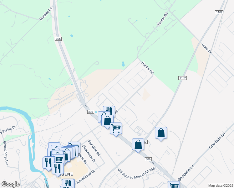 map of restaurants, bars, coffee shops, grocery stores, and more near 1327 Gruene Glen Street in New Braunfels