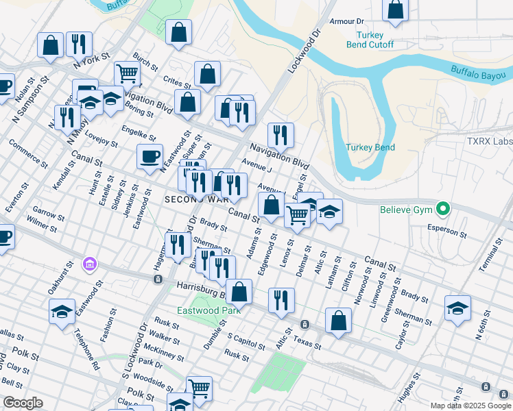 map of restaurants, bars, coffee shops, grocery stores, and more near 211 North Bryan Street in Houston
