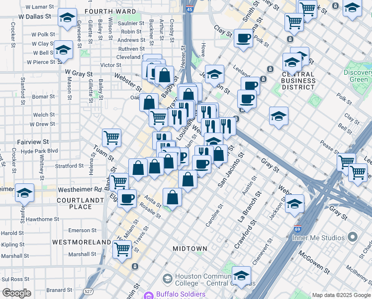 map of restaurants, bars, coffee shops, grocery stores, and more near Milam Street in Houston