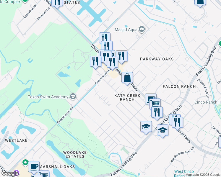 map of restaurants, bars, coffee shops, grocery stores, and more near 25411 Clover Ranch Drive in Katy