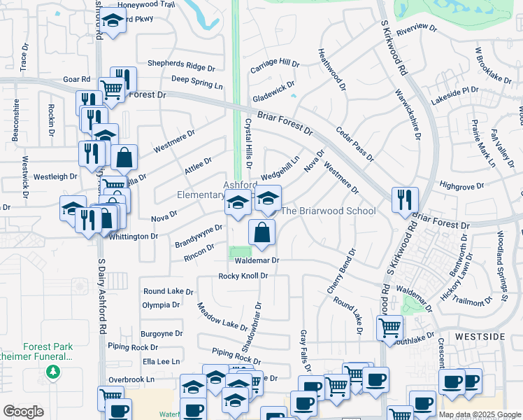 map of restaurants, bars, coffee shops, grocery stores, and more near 12207 Whittington Drive in Houston