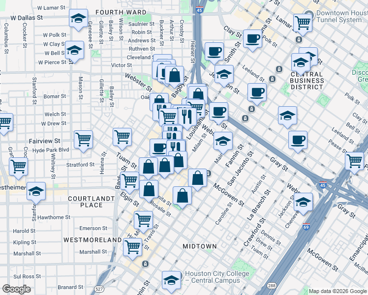 map of restaurants, bars, coffee shops, grocery stores, and more near 2403 Louisiana Street in Houston