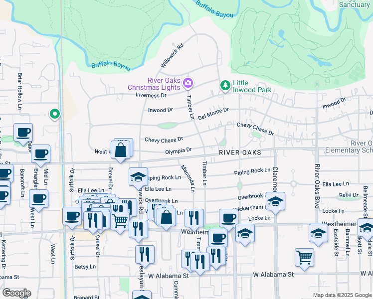 map of restaurants, bars, coffee shops, grocery stores, and more near Olympia Drive in Houston