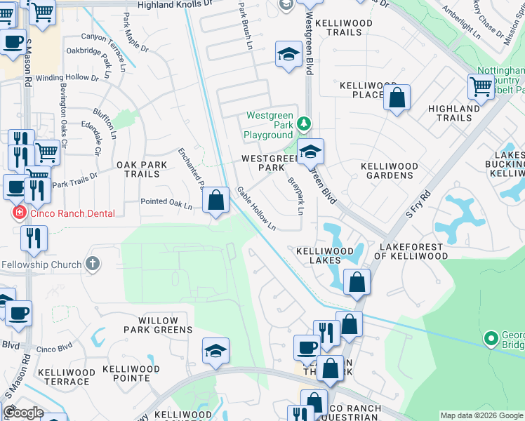 map of restaurants, bars, coffee shops, grocery stores, and more near 2319 Gable Hollow Lane in Katy