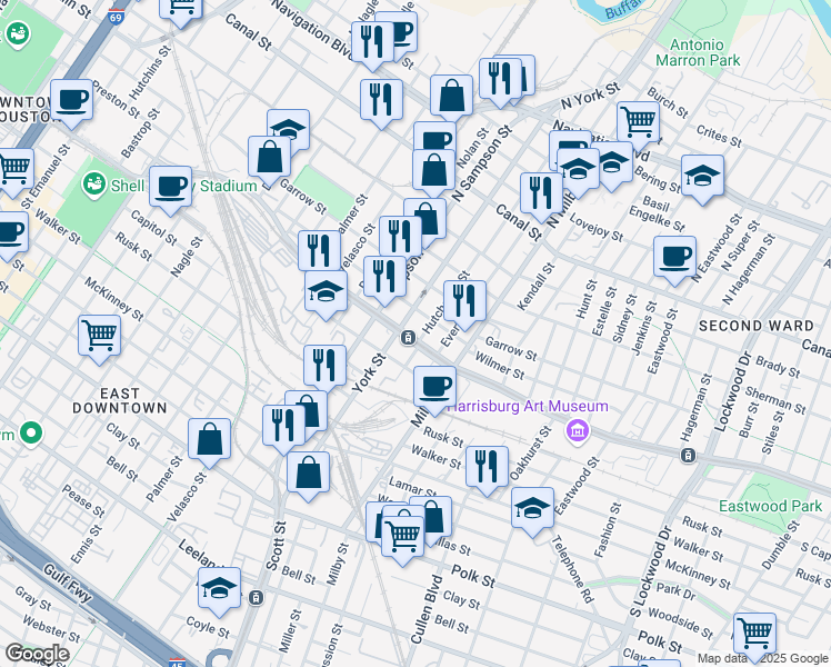 map of restaurants, bars, coffee shops, grocery stores, and more near in Houston