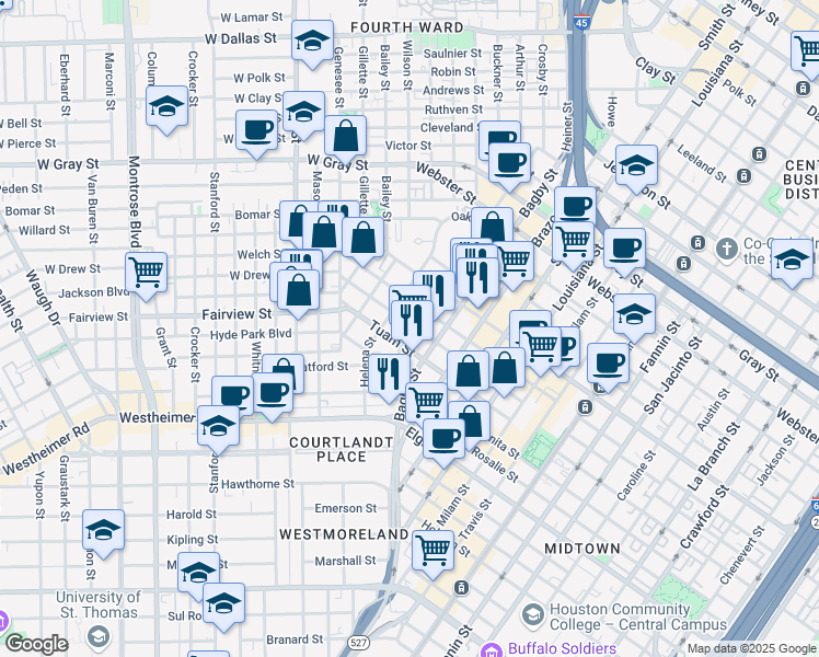 map of restaurants, bars, coffee shops, grocery stores, and more near 202 West Drew Street in Houston