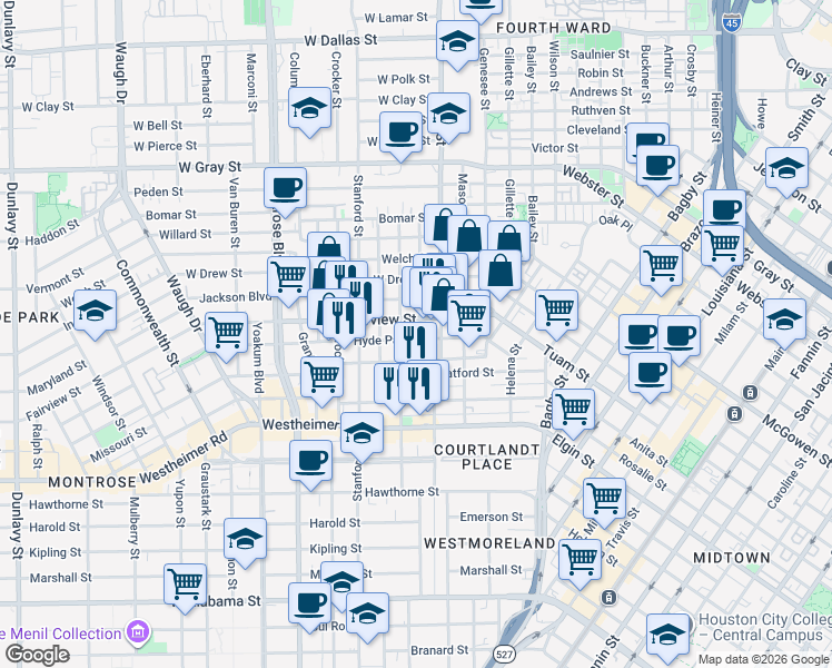 map of restaurants, bars, coffee shops, grocery stores, and more near 315 Fairview Street in Houston