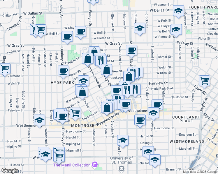 map of restaurants, bars, coffee shops, grocery stores, and more near 2318 Waugh Drive in Houston