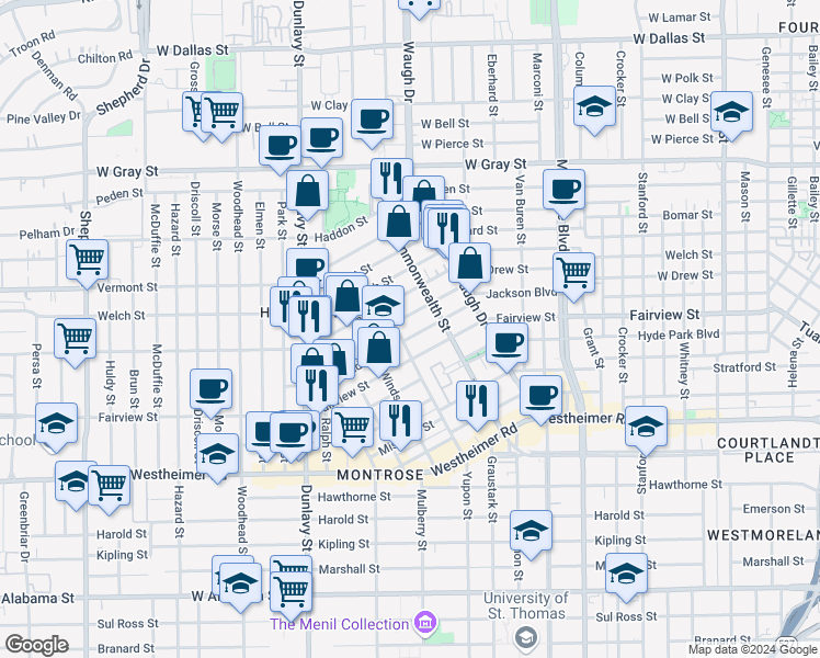 map of restaurants, bars, coffee shops, grocery stores, and more near 1536 Michigan Street in Houston