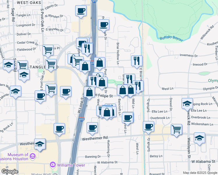 map of restaurants, bars, coffee shops, grocery stores, and more near in Houston