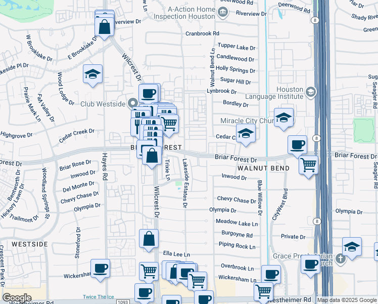 map of restaurants, bars, coffee shops, grocery stores, and more near 10950 Briar Forest Drive in Houston