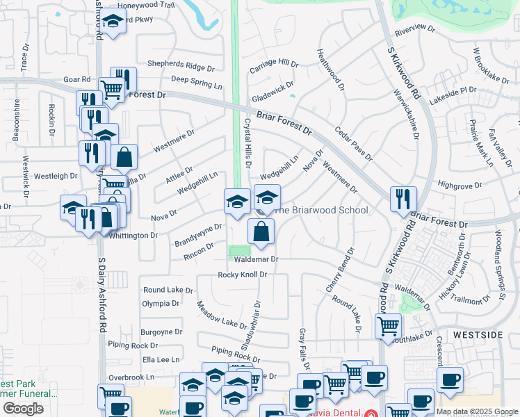 map of restaurants, bars, coffee shops, grocery stores, and more near 1708 Crystal Hills Drive in Houston
