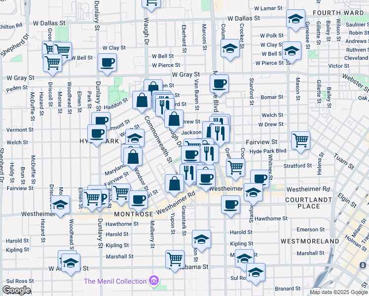 map of restaurants, bars, coffee shops, grocery stores, and more near 2318 Waugh Drive in Houston