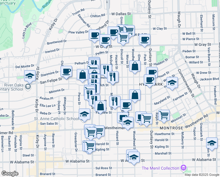 map of restaurants, bars, coffee shops, grocery stores, and more near 1979 Welch Street in Houston