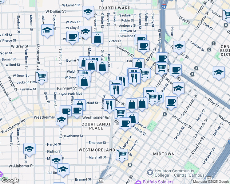 map of restaurants, bars, coffee shops, grocery stores, and more near 202 West Drew Street in Houston