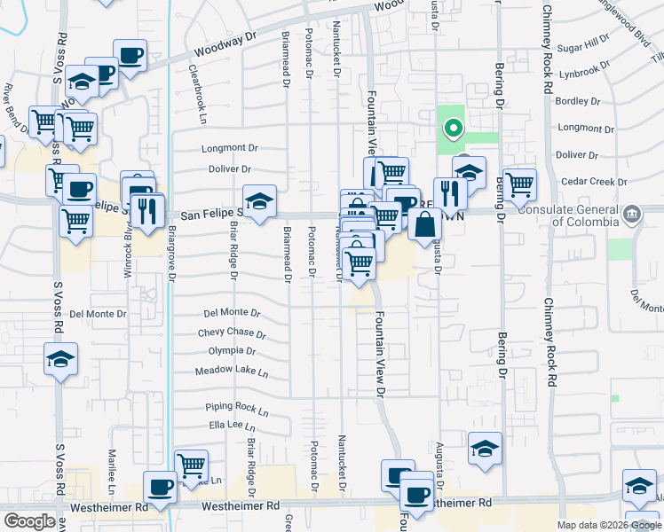 map of restaurants, bars, coffee shops, grocery stores, and more near 1811 Potomac Drive in Houston