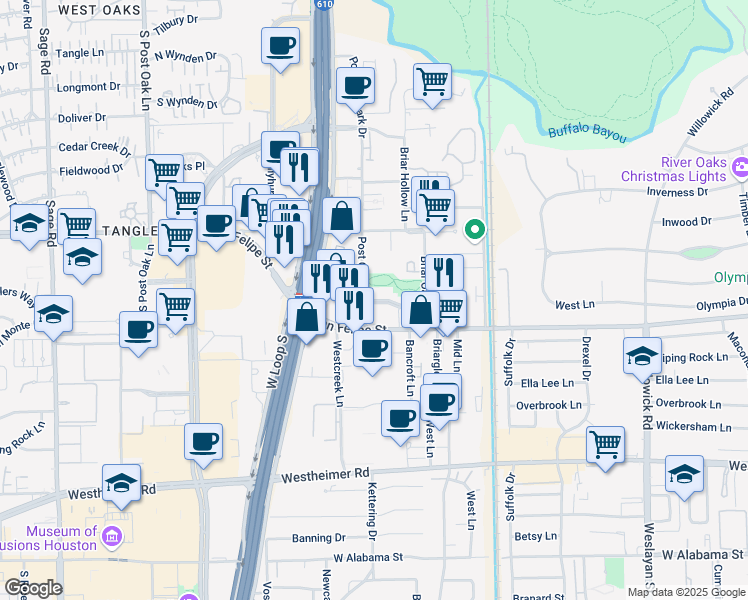 map of restaurants, bars, coffee shops, grocery stores, and more near Post Oak Parkway in Houston