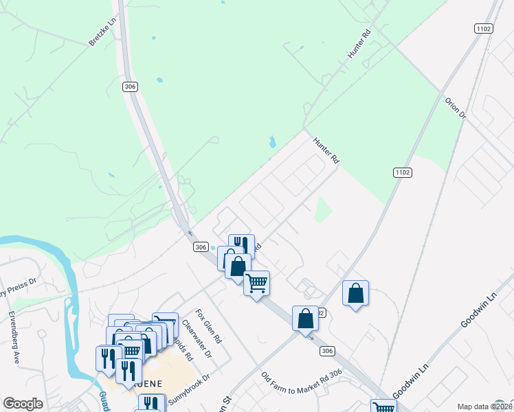 map of restaurants, bars, coffee shops, grocery stores, and more near 1200 Farm to Market Road 306 in New Braunfels