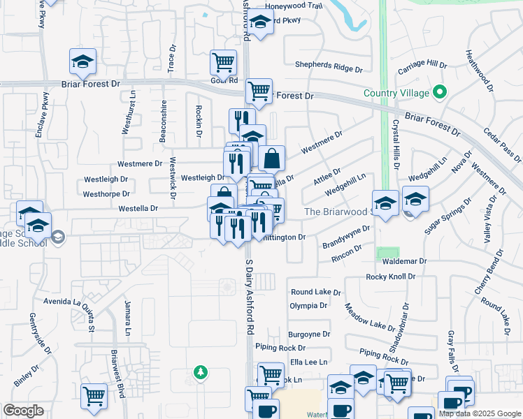map of restaurants, bars, coffee shops, grocery stores, and more near 1801 South Dairy Ashford Road in Houston