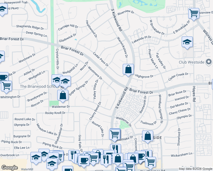 map of restaurants, bars, coffee shops, grocery stores, and more near 11846 Westmere Drive in Houston