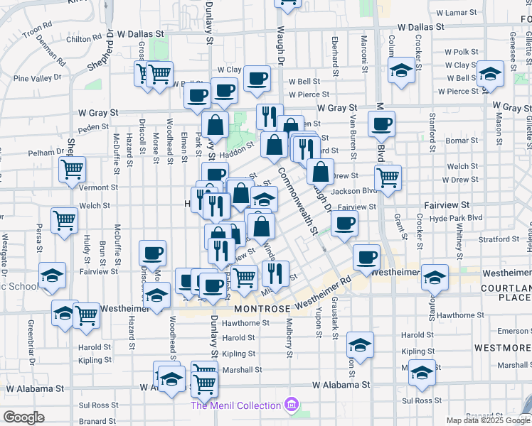 map of restaurants, bars, coffee shops, grocery stores, and more near 2100 Yupon Street in Houston