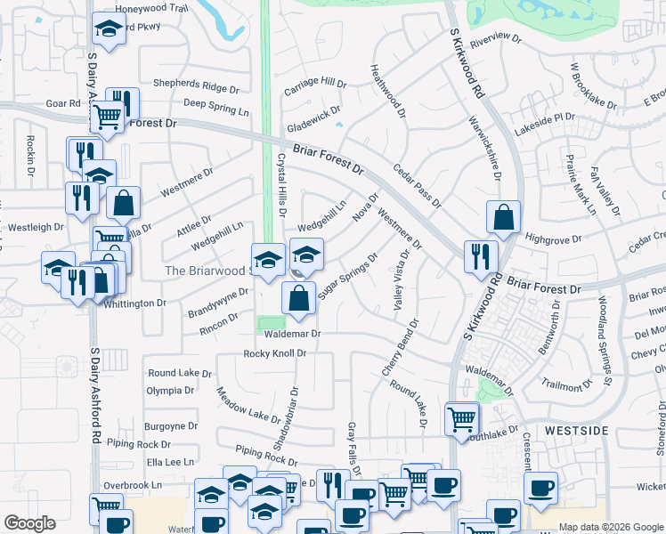 map of restaurants, bars, coffee shops, grocery stores, and more near 12107 Whittington Drive in Houston
